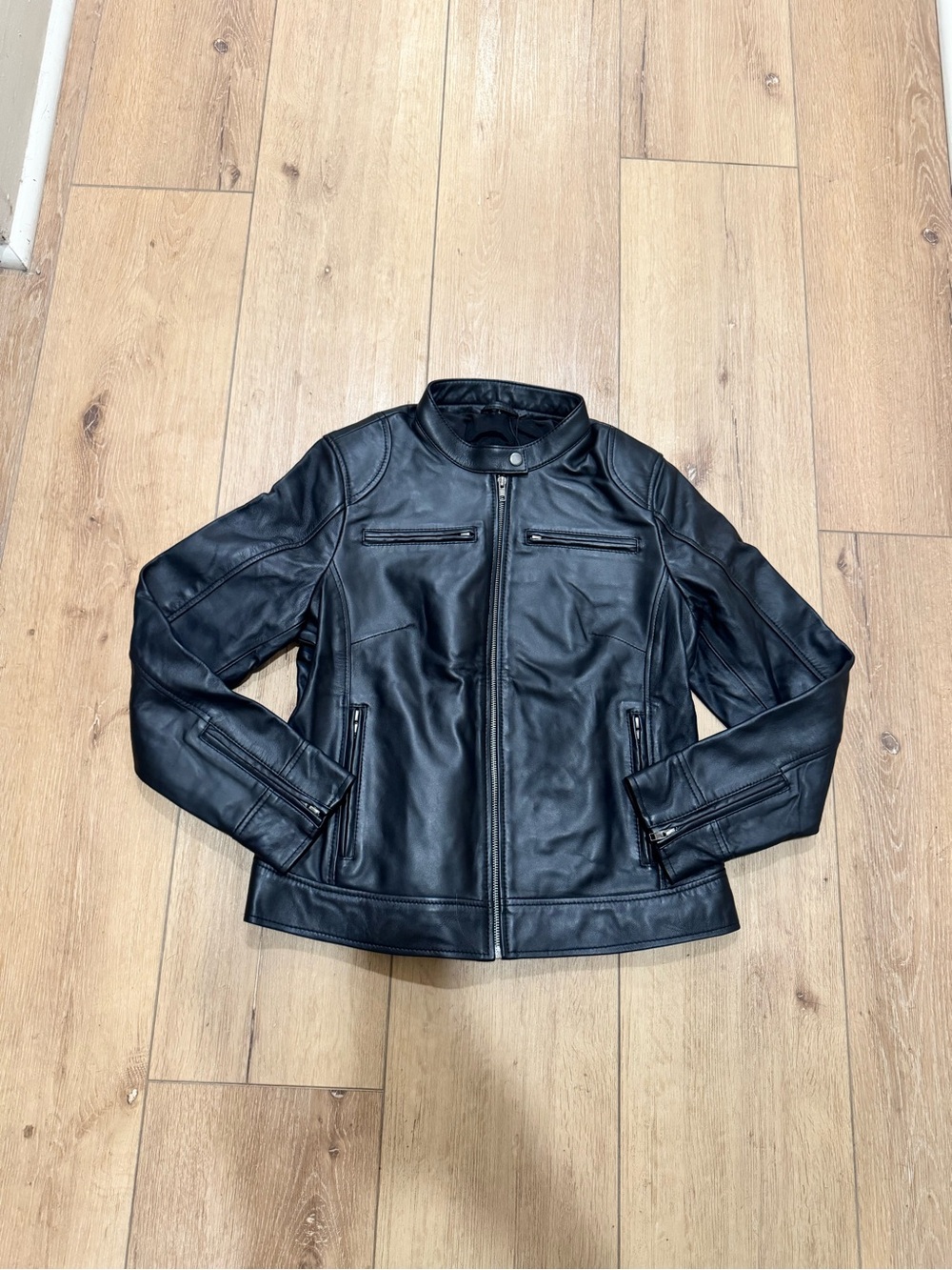 Women's Black Lambskin Leather Zip-Front Moto Jacket dodge cafe racer